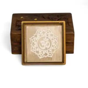 Selenite Wooden Plate with Om Symbol Engraved