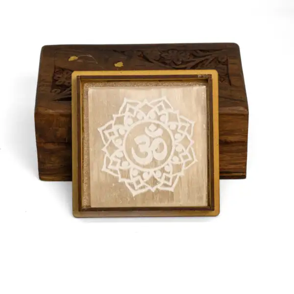 Selenite Wooden Plate with Om Symbol Engraved