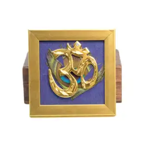Brass Om with peacock feather & Blue silk in Gold frame