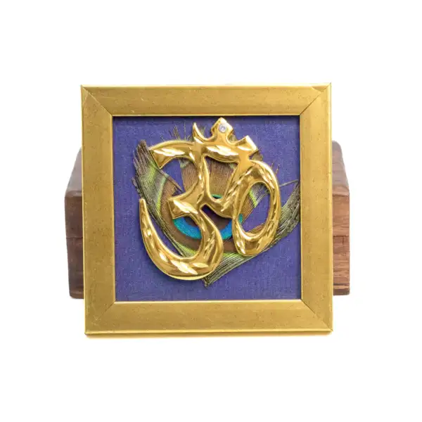 Brass Om with peacock feather & Blue silk in Gold frame
