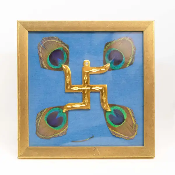 Brass Swastik with Peacock Feathers & Blue Silk in Brown frame