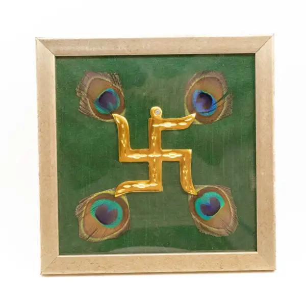Brass Swastik with Peacock Feathers & Green Silk in Brown frame