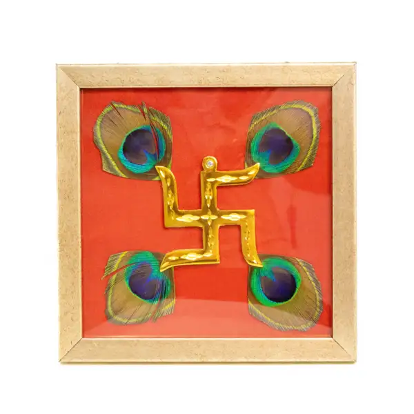 Brass Swastik with Peacock Feathers & Red Silk in Brown frame