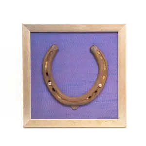 Good Luck Horse Shoe with a Blue silk background in Wooden frame