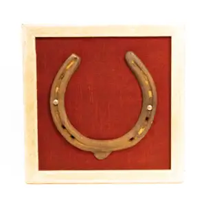 Good Luck Horse Shoe with a wine red silk background in Wooden frame