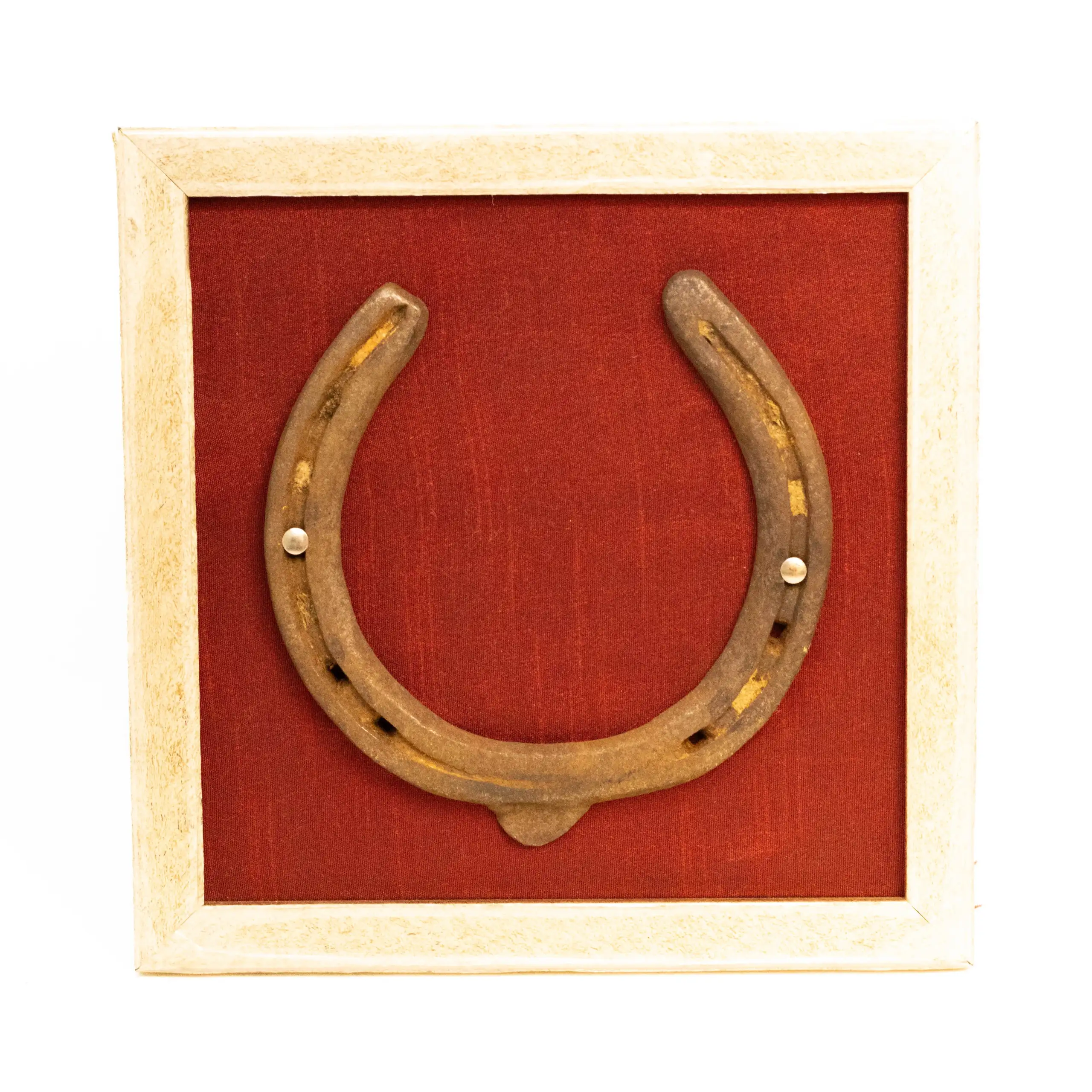 Good Luck Horse Shoe with a wine red silk background in Wooden frame