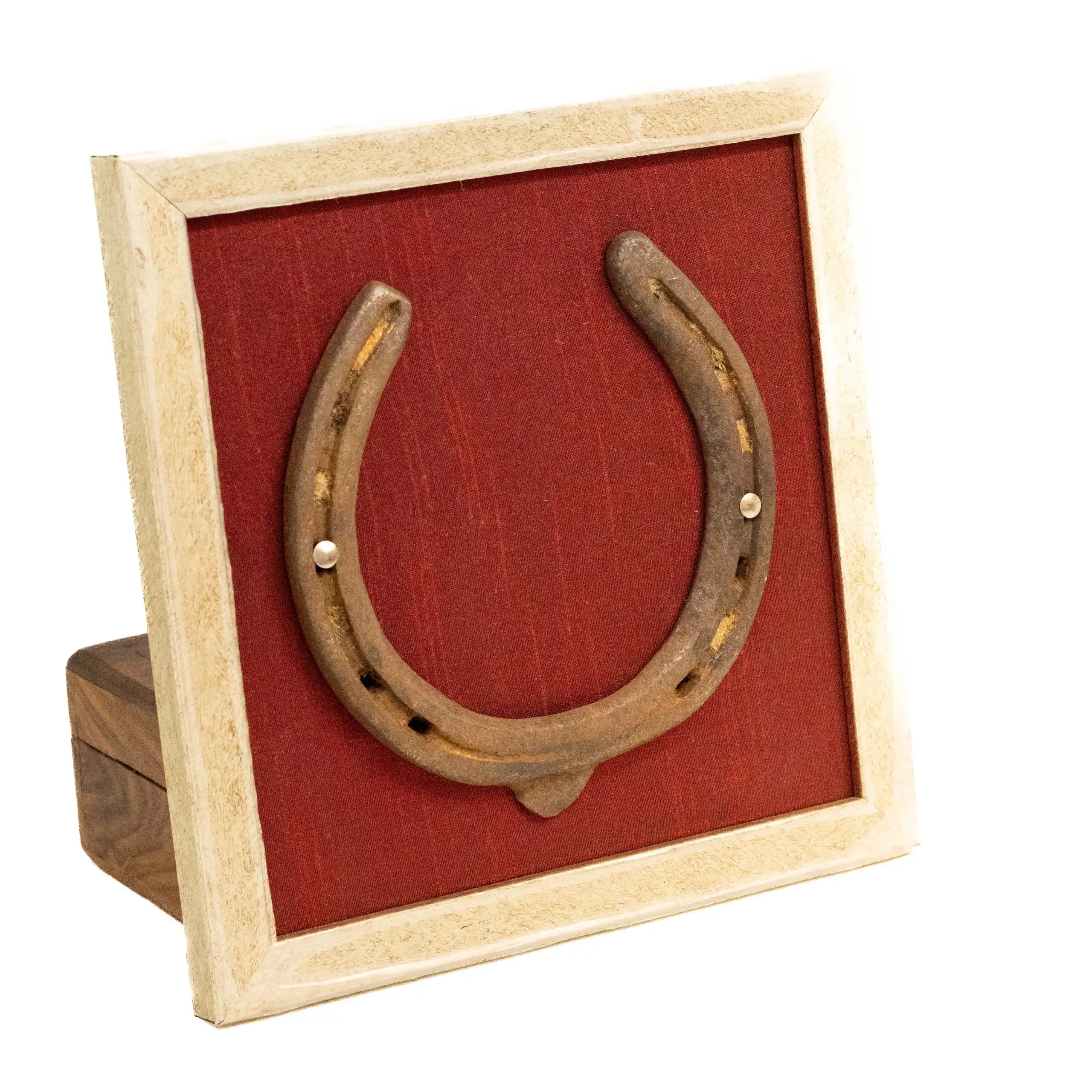 Good Luck Horse Shoe with a wine red silk background in Wooden frame - Image 2